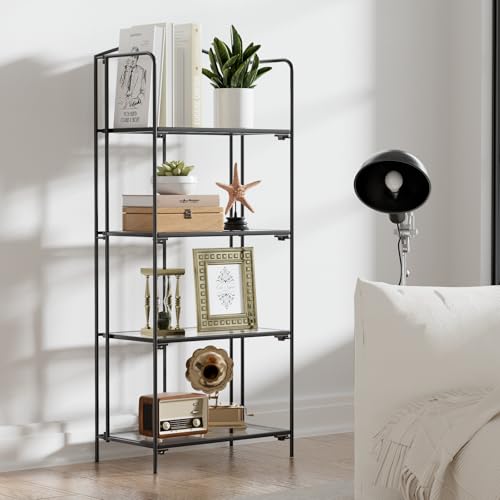 Crofy 4-Tier Foldable Bookshelf, Black Frame & Transparent Shelves | No-Assembly Collapsible Portable Storage Organizer; Sturdy Transparent Shelves; Ideal for Living Room & Home Office - color: Black Frame & Transparent Shelf, size: 4 Tier