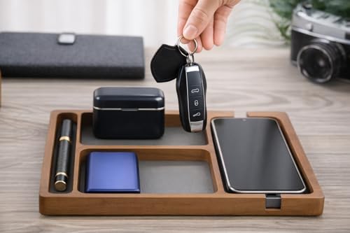 Shinpuru Wooden Valet Tray for Men, Nightstand Organizer with Leather Inlay, EDC Essentials Catchall Tray for Keys, Phone, Wallet, Watch, Earbuds - Bedside Desk Entryway Tray (Wood-Pen) - color: Brown-P