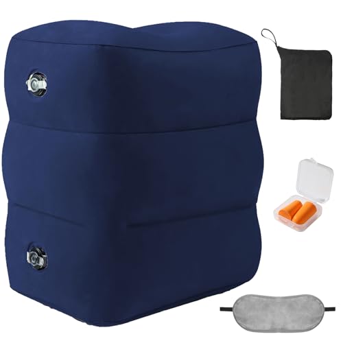Inflatable Foot Rest Pillow for Travel - Adjustable Height Flight Foot Rest with Eye Mask and Earplugs for Kids & Adults on Airplane, Car, Train, Office, and Home (Blue, 1 PCS) - color: Blue, size: 1 Pack