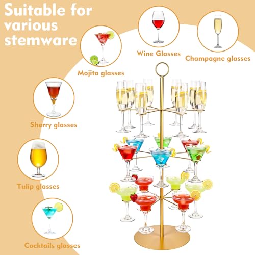Cocktail Tree Stand for Drinks Wine Champagne Glass Tower for Parties, 3 Tiers 18 Holders Bar Wedding Metal Wine Glass Display Holder for Martinis Margarita Cups(Gold,Round Bottom,1 Pcs) - color: Gold