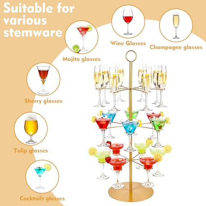 Cocktail Tree Stand for Drinks Wine Champagne Glass Tower for Parties, 3 Tiers 18 Holders Bar Wedding Metal Wine Glass Display Holder for Martinis Margarita Cups(Gold,Round Bottom,1 Pcs) - color: Gold