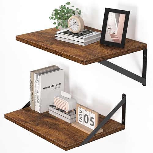 Heimlove Deep Floating Shelves for Wall, 16W x 12D Wood Wall Shelves Set of 2, Wide Floating Bookshelf for Living Room, Kitchen, Office, Bedroom and Decor Storage, with Metal Bracket - Rustic Brown - color: Rustic Brown With Black Metal Bracket, size: 16w