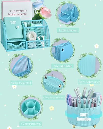 LXEVIHK 21Pcs Green and Blue Desk Organizers and Accessories With Mesh Desk Organizer and 360°Rotating Pen Holder and a Lot of Office Green Office Supplies Beautifully Presented in a Gift Box - color: green+blue