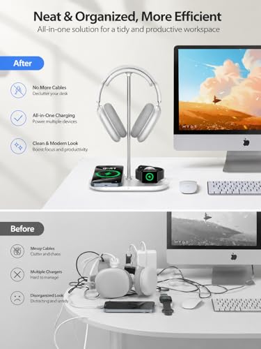 Airpod Max Charger Stand with 15W Wireless Charger, 4 in 1 Headphone Stand | Headset Holder for AirPods Max 2/Pro/iWatch/Vision Pro, Charging for iPhone 17/16/15/14/13/12/11/X, Aluminum Alloy Rod, White - color: Cream White