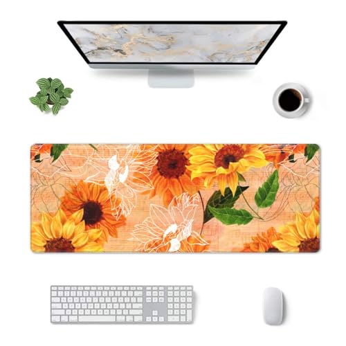 Sunflower Gaming Mouse Pad, Hand Drawn Floral Note Music Large Extended Desk Mat 11.8X 31.5 inches with Non-Slip Base & Stitched Edges, Waterproof Desk Mat for Office, Home, Laptop, Computer Keyboard - color: Sunflower_18