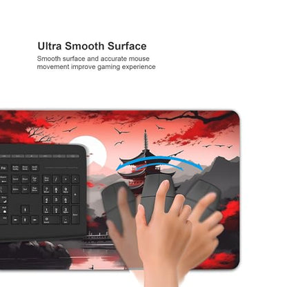 Large Gaming Mouse Pad, Red Japanese Pagoda Design with Cherry Blossoms, 35.4x15.7 Inches, Non-Slip Rubber Base, Stitched Edges, Desk Mat for Gaming and Office - color: Red Tower
