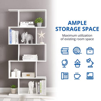 Cozy Castle Set of 2 Geometric Bookcase, S-Shaped Modern Bookshelf, Room Divider Bookshelf, 62" Tall Unique Abstract Bookcase with 5-Tier Display Shelf for Living Room Office, White - color: White