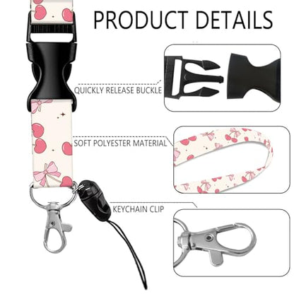 ID Badge Holder with Lanyard Fashionable ID Card Holders with Retractable Lanyards Soft Fiber Metal Clip Sturdy Buckle for Key Wallet Work Nurse Teacher (Pink Bow Cherry) - color: Pink Bow Cherry