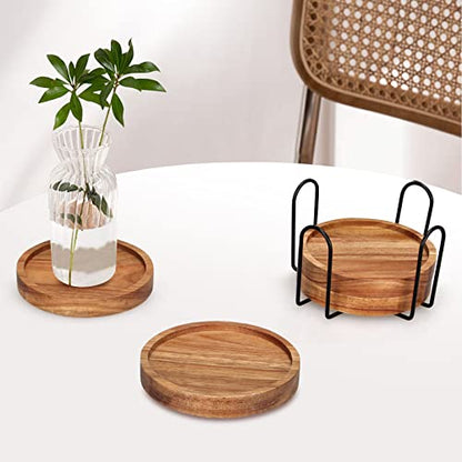 4 Pcs Farmhouse Wooden Coasters with Holder Cute Wood Drink Coaster Set Outdoor Beer Costers Home Decoration Coffee Table Decor Gift Cup Coaster Bar Kitchen Dining Table Accessories Modern Coasters - style: 4 Pcs Round