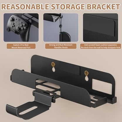 PAWDIARY Wall Mount for Nintendo Switch 2 Console&Accessories, Metal Wall Mount with Hook for Grip Hanging & Bracket for Pro Controller, Safe Storage Your Switch 2 Console & Charging Dock