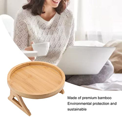 Tissting Wood Round Sofa Tray 9.65in x 4.72in - Clip on Side Table with Foldable Leg for Coffee, Tea, Snacks, Remote Controls, Living Room, Apartment, Dorm