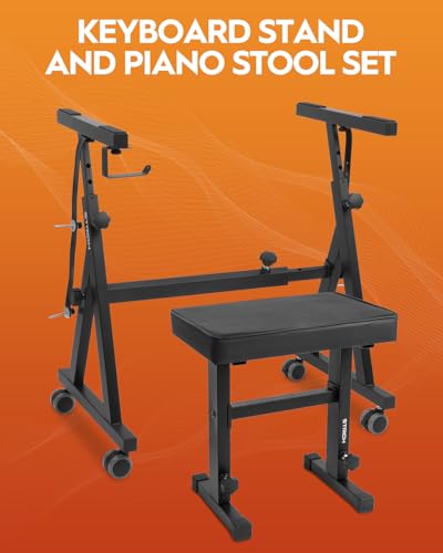 STRICH Piano Keyboard Stand Stool Set, Portable Heavy Duty Stand for 54-88 Key Electric Digital Pianos & Adjustable Piano Bench, Chair, Black, SKT-02 & SPB-M50