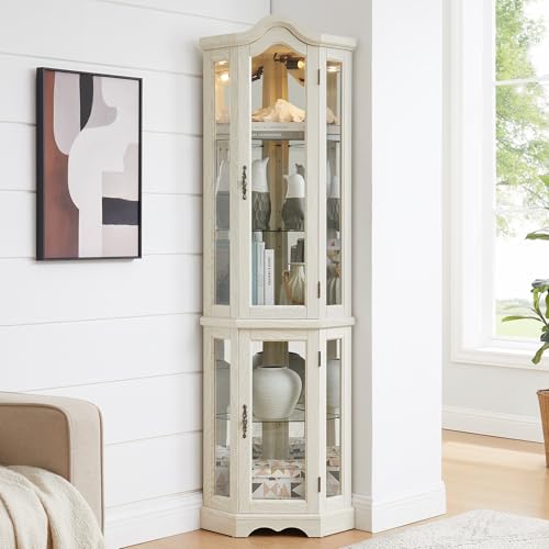 70" Lighted Corner Curio Cabinet,Inside Mirror Corner Glass Display Case with Tempered Glass Door for Living Room, Antique Collectibles, Wine & Bar Glass Storage, Lights Included - color: Black, size: Style-D