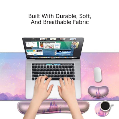 Desk Mat, Large Gaming Mouse Pad with Wrist Rest, 4 in1 XXL Mouse pad+Keyboard Wrist Rest+Mouse Pad Wrist Support+Cup Coaster Set, Ergonomic Desk Pad for Home Office,Pink Castle - color: 88