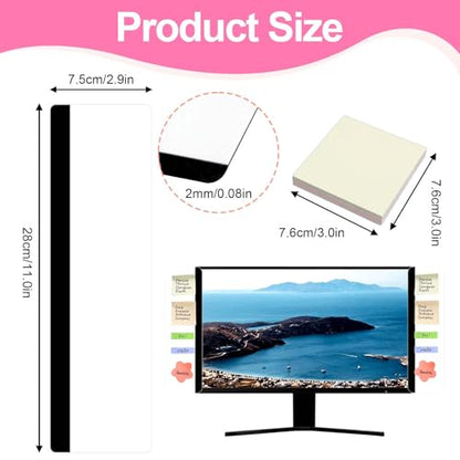 Monitor Memo Board, 4PCS Transparent Acrylic Computer Monitor Sticky Note Holder with 2PCS Sticky Notes, Desktop Side Panel Office Desk Accessories, Left and Right 11"x3"