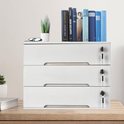 Wooden Desk Organizer with Drawers & Lock, Desktop Countertop Storage Cabinet Lockable Home Office Supplies File Tabletop Organizing Unit (3 Drawers - Modern White) - style: 3 Drawers - Modern White