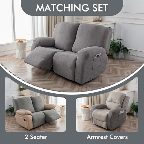 100% Waterproof Recliner Loveseat Cover, 2 Pieces Stretch Recliner Sofa Slipcovers Washable Couch Cover Furniture Covers for Pets, Dogs, Kids (Gray, 2 Seater) - color: Grey, size: 48"-62" 2 Seater