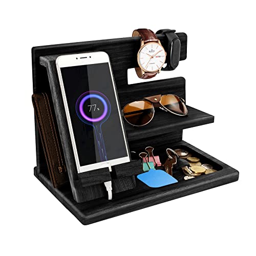 Gifts for Men Bedside Organiser Wood Phone Docking Station Dad Birthday Gifts for Him Nightstand Key Wallet Watch Stand Mens Gifts for Xmas Presents for Dad Husband Boyfriend Anniversary & Christmas - color: Deep Black-1