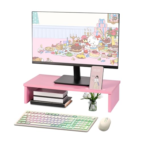 Qupui 21" Monitor Stand Riser with Phone Holder, Monitor Stand for Desk, Computer Monitor Stand, Desk Shelf for Top of Desk, Desktop Organizer for Laptop, Printer, TV - color: 21" Pink
