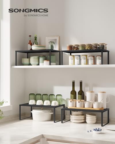 SONGMICS Spice Racks, Set of 2 Metal Cabinet Shelf Organizers, Countertop Organizers, Shelf Risers, Stackable, Expandable, Ink Black UKCS401B01 - color: Ink Black, size: 9"D x 15.7"W x 6.1"H + 8.6"D x 15.7"W x 5.4"H