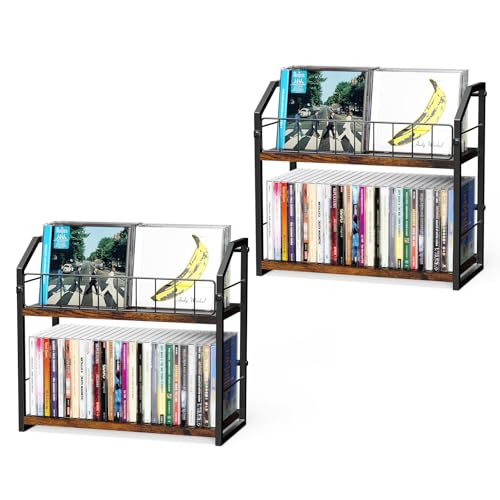 2-Tier CD Holder 2 PCS, CD Storage Shelf for Display, CD Organizer with Dispay Top Shelf, Premium CD Rack for Home, Holds Up to 120 standard, Ideal for Music Enthusiasts (Brown 2PCS) - color: Brown, style: 2 Pack