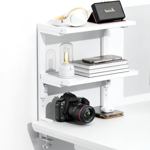 Spacrea Clamp on Desk Shelf, 2 Tier Office Desk Shelves Organizer, Wood Desktop Supplies Storage Rack, Desk Organizers and Accessories (White) - color: White