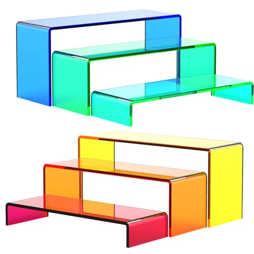 6 PCs Risers Display Stands 3 Tiers Desktop Acrylic Shelves Cake Dessert Holder Products Stand for Collectibles Shoes Jewels Pop Figure (Mix Colors) - color: Mix Colors 6 PCs