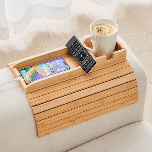 GEHE Bamboo Couch Cup Holder, Anti-Spill Sofa Arm Tray, Natural and Easy to Clean Couch Arm Cup Holder Armrest Tray Perfect for Cups, Beers, Snacks, Remote Control, Drinks - color: New Design-Bamboo