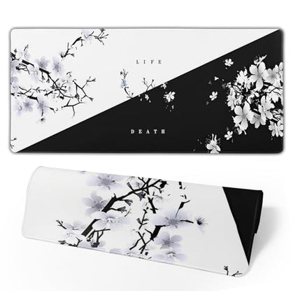 Japanese Life Death Keyboard Mat, Black White Japanese Anime Gaming Mouse Pad for Desk with Anti-Slip Rubber Base and Stitched Edges, Japanese Sakura Pagoda Sun Mouse Pad - color: Life Death