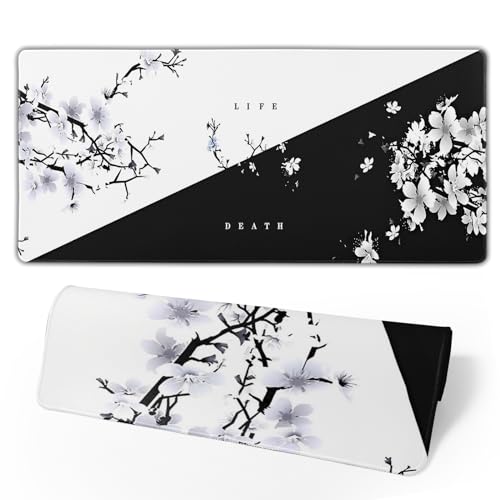 Japanese Life Death Keyboard Mat, Black White Japanese Anime Gaming Mouse Pad for Desk with Anti-Slip Rubber Base and Stitched Edges, Japanese Sakura Pagoda Sun Mouse Pad - color: Life Death