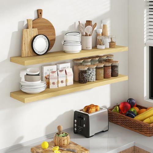 Acovy 48 Inch Floating Shelves, 8 Inch Deep Floating Shelves for Wall, Hanging Shelf with Invisible Brackets, Deep Shelves for Bathroom, Bedroom, Living Room, Oak, Set of 2 - color: Oak, size: 8"Wx48"L-2pcs