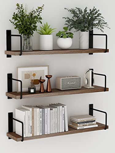 Floating Shelves, 24 Inches Easy to Install Wall Mounted Shelves, Set of 3, Rustic Wood Shelves for Wall Decor, Storage Shelves for Living Room (Brown) - color: Brown