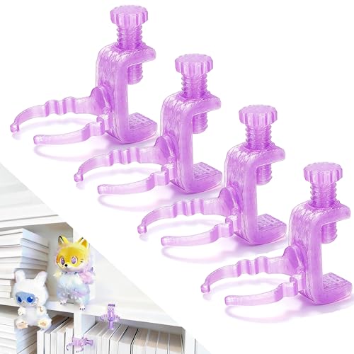 Doll Stand for Cabinet Edge Purple 4Pack | Neck grip design fits 3-7" Labubu blind box figures, adjustable clamp suits panels 0.3-1.02" thick - color: PURPLE