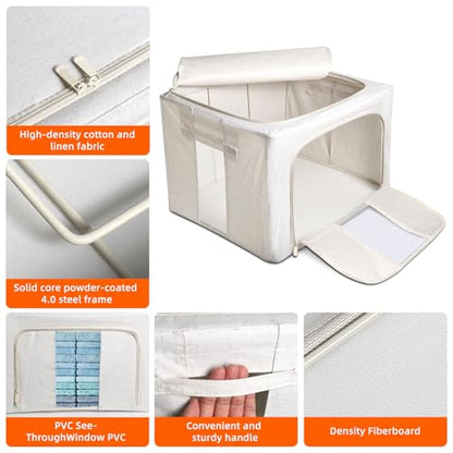 Foldable Clothes Storage Bins with Solid core powder-coated steel fram, 24/ 66L Storage Bags Fabric Box Organizer with Clear Window Zippers Sturdy Handles 2 Pack (Beige, 66L 2Pack) - size: 66L 2Pack