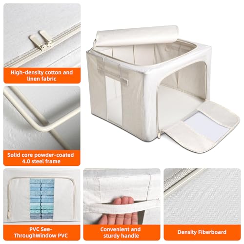 Foldable Clothes Storage Bins with Solid core powder-coated steel fram, 24/ 66L Storage Bags Fabric Box Organizer with Clear Window Zippers Sturdy Handles 2 Pack (Beige, 66L 1Pack) - size: 66L 1Pack