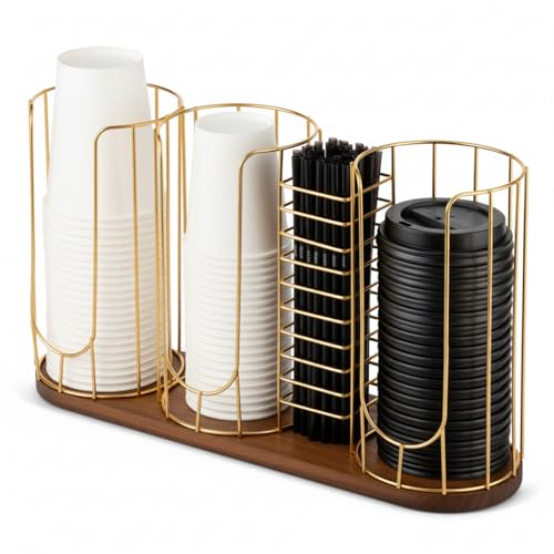 Geelin 18oz Adjustable Coffee Cup Dispenser with Wooden Base, Cup and Lid Holder, Cups Holder Organizer for Coffee Pod Straw and Lid Storage(4-compartment Single,Color 2) - color: Color 2, style: 4-Compartment Single