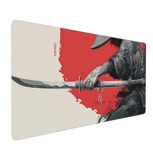 Japanese Samurai Sword Gaming Mouse Pad, XL Desk Mat, Non-Slip Rubber Base, Waterproof with Stitched Edges, 35.4 x 15.7 Inch - color: Japanese Samurai Sword