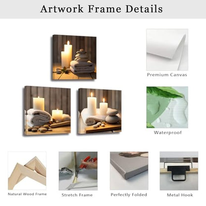 LZIMU Zen Canvas Wall Art 3 Panels Stone Candle and Bath Towel Picture Prints for SPA Meditation Room Bathroom Decor Framed (Zen-1, 16"x16"x3P) - size: 16"x16"x3P