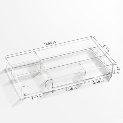 HBlife Acrylic Desk Drawer Organizer Tray with 6 Compartments, Small Clear Office Drawer Organizers and Accessories for Pens, Pencil, Makeup, Desktop, Bathroom and Kitchen, 11.65 x 6.1 x 1.38 Inch