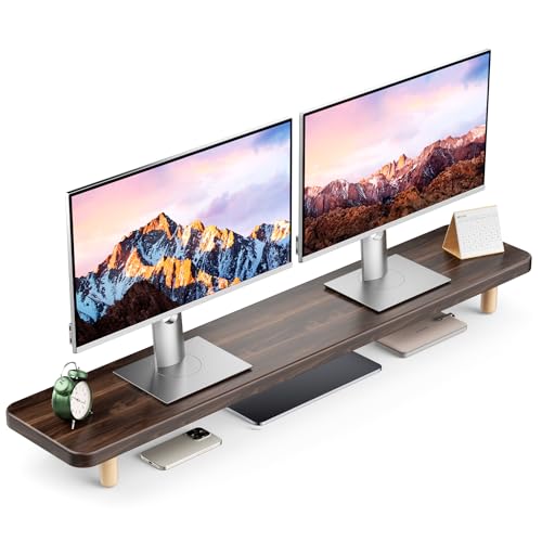 Dual Monitor Stand Riser, 39 Inch Extra Long Wooden Desktop Monitor Riser with Storage for 2 Monitors Ultra Strong Desk Shelf Organizer Riser Ergonomic for 2 Screens/Laptop/PC/TV/Printer (Dark Walnut, 39inches) - color: Dark Walnut