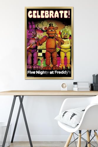 Trends International Five Nights at Freddy's - Celebrate Wall Poster, 22.375" x 34", Gold Framed Version - color: Gold Framed Version, size: 34"L x 22.4"W