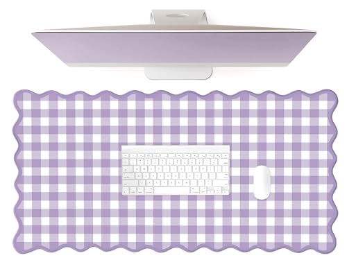 Scalloped‌ Purple Checkered Gingham Desk Mat Cute Pastel Large Mouse Pad Kawaii Cottagecore ‌Vintage‌ Girly Laptop Keyboard Computer Mat Pad Aesthetic Cozy Office Desk Decor for Women - color: A5-purple