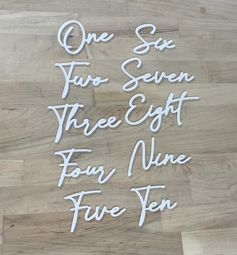 Cursive Wedding Table Number SET, DIY thin modern Black or White acrylic cutouts with silicone glue included. Words only, no backing (One - Thirty Five, Gloss White) - color: Gloss White, size: One - Thirty Five