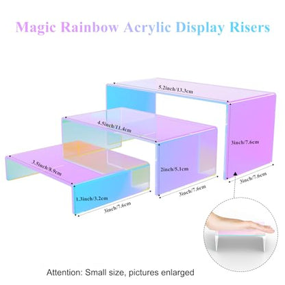 12 PCs Small Iridscent Risers Display Stands 3 Tiers Desktop Acrylic Shelves Small Cake Dessert Holder Products Stand for Collectibles Shoes Jewels Pop Figure (Iridescent2) - color: Iridescent 12 PCs