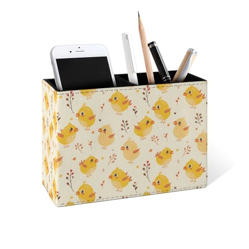 Famame Cute Yellow Chicks Leaves Pencil Holder for Desk, Leather Desktop Container Pen Cup Storage Study Table Pen Organizer Makeup Brush Holder for Classroom Office Home - color: Yellow Chicks Leaves