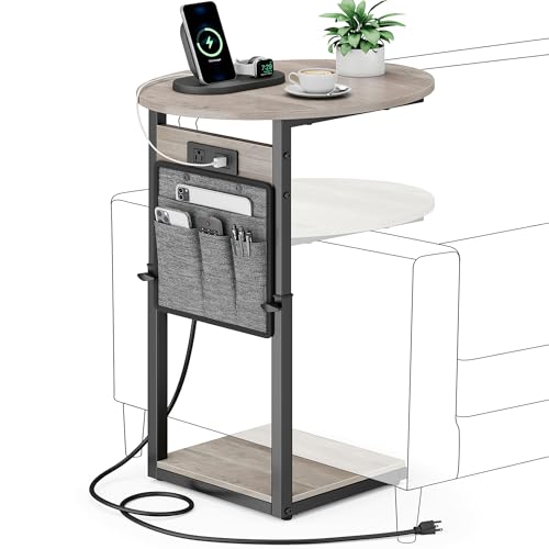 Vagusicc C Shaped End Table with Charging Station, 32" Tall Side Table for Couch and Recliner, Adjustable Height Small Couch Side Table Slide Under Sofa TV Tray Table for Living Room, Bedroom, Greige - color: Greige, style: Charging Station