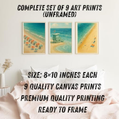 Beach Poster Set of 9, Coastal Style Canvas Ocean Wall Art Prints, Relaxing Blue Beachy Décor for Bedroom, Living Room, or Dorm, Summer Seaside Home Decoration (Beach Decor Set of 9, 8x10 Unframed, Coastal Beach Wall Art Prints 9 Piece) - style: Beach Dec