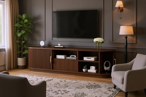 Walnut Rustic TV Stand with Sliding Wood Doors - 75" TV Media Console