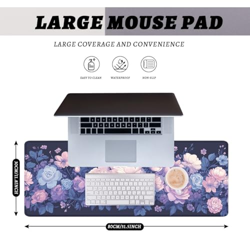 Floral Gaming Mouse Pad Purple Pink Blue Roses Peonies Botanical Large Desk Mat Extended Large Laptop Keyboard Non-Slip Rubber Base with Stitched Edges for Home 31.5 x 11.8 Desk Home Office Gaming - color: Floral, size: 31.5" x 11.8"