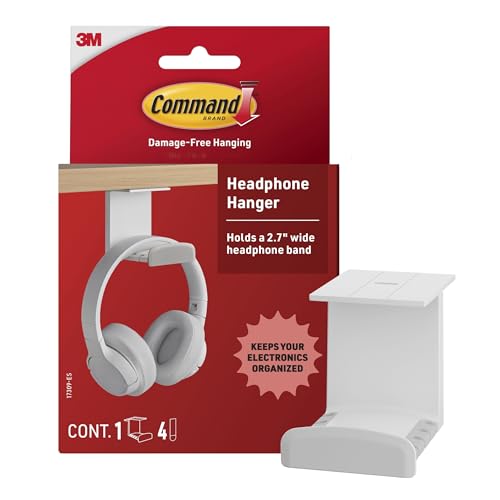 Command Headphone Hanger, 1 Holder and 4 Strips, Holds a 2.7" Wide Band, White, Great for Damage-Free Electronics Organization for Wired or Wireless Headphones - color: White